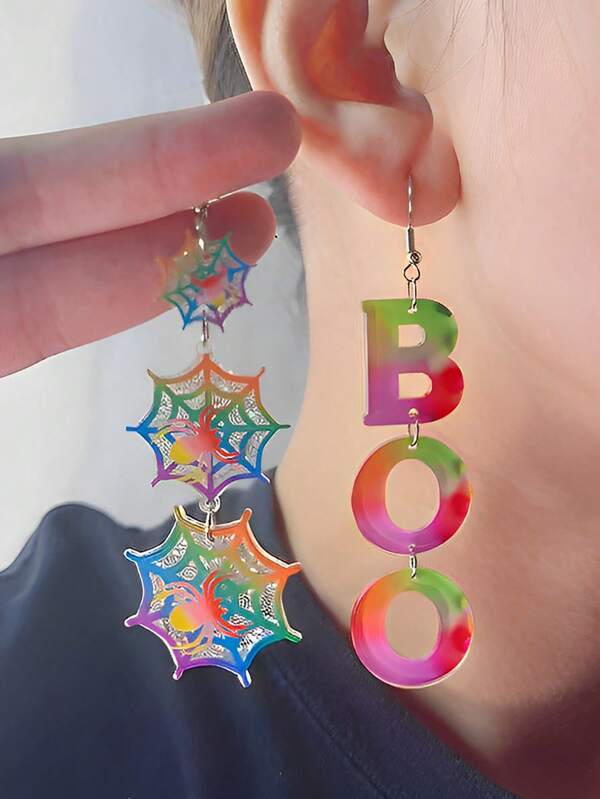 2pcs Halloween Series Creative Colorful Long Pumpkin & Spider Web Letter Acrylic Personalized Women Earrings