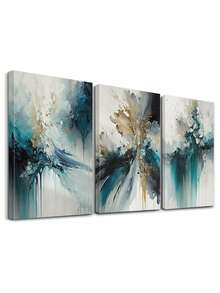3pcs Elegant Turquoise And Gold Abstract Canvas Wall Art Prints , Modern Wall Decor, Indoor Wall Decor Modern Abstract Art Waterproof Canvas, Living Room Wall Decor, Wall Arts, Art Prints, Posters, For Living Rooms, Bedrooms, Offices, And Dorm Rooms, Indoor/Outdoor Use, Optional Frame