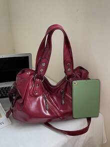 复古简约大容量时尚学生/办公室通勤手提包 - 紅色 - 查看 4