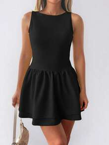 Women's Solid Color Fitted Backless Christmas Dress - Black - View 5