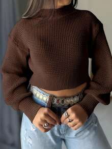Women's Puff Sleeve Cropped Blouse Knitting Winter Fashion Long Sleeve Blogger - 鏽棕色 - 查看 1