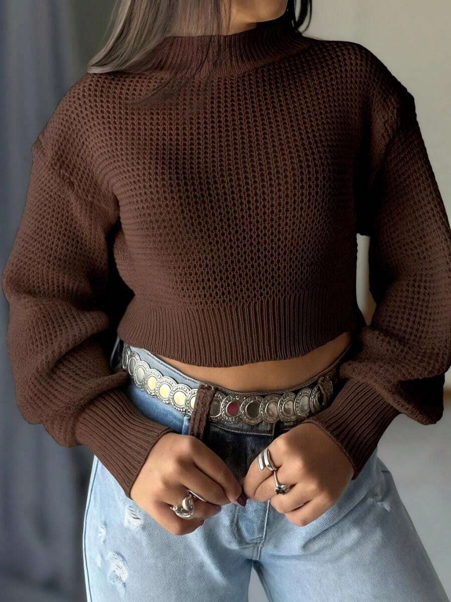 Women's Puff Sleeve Cropped Blouse Knitting Winter Fashion Long Sleeve Blogger - 鏽棕色 - 查看 1