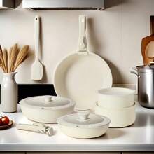 Non Stick Ceramic Cookware Set, Healthy Pot And Flat Bottomed Pot Set, Kitchen Cooking Set, With A Cool Handle To Keep It Cool, Ceramic Non Stick Stew Pot With Lid, White Granite Coating, Free Of PFOS/PFAS