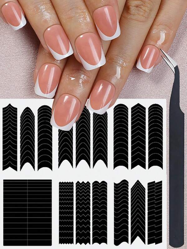 234pcs Simple French Manicure Nail Stickers, Smile, Stripe, Moon, DIY Design Self-Adhesive Nail Stickers, Basic Nail Art Decoration Template Tools, Nail Art Sticker Accessories