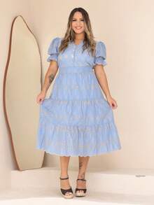 Women's Fashion Midi Dress In 3D Laise Fabric And Smooth With Elastex On The Back And Button On The Front And Lining - 雙色藍 - 查看 1