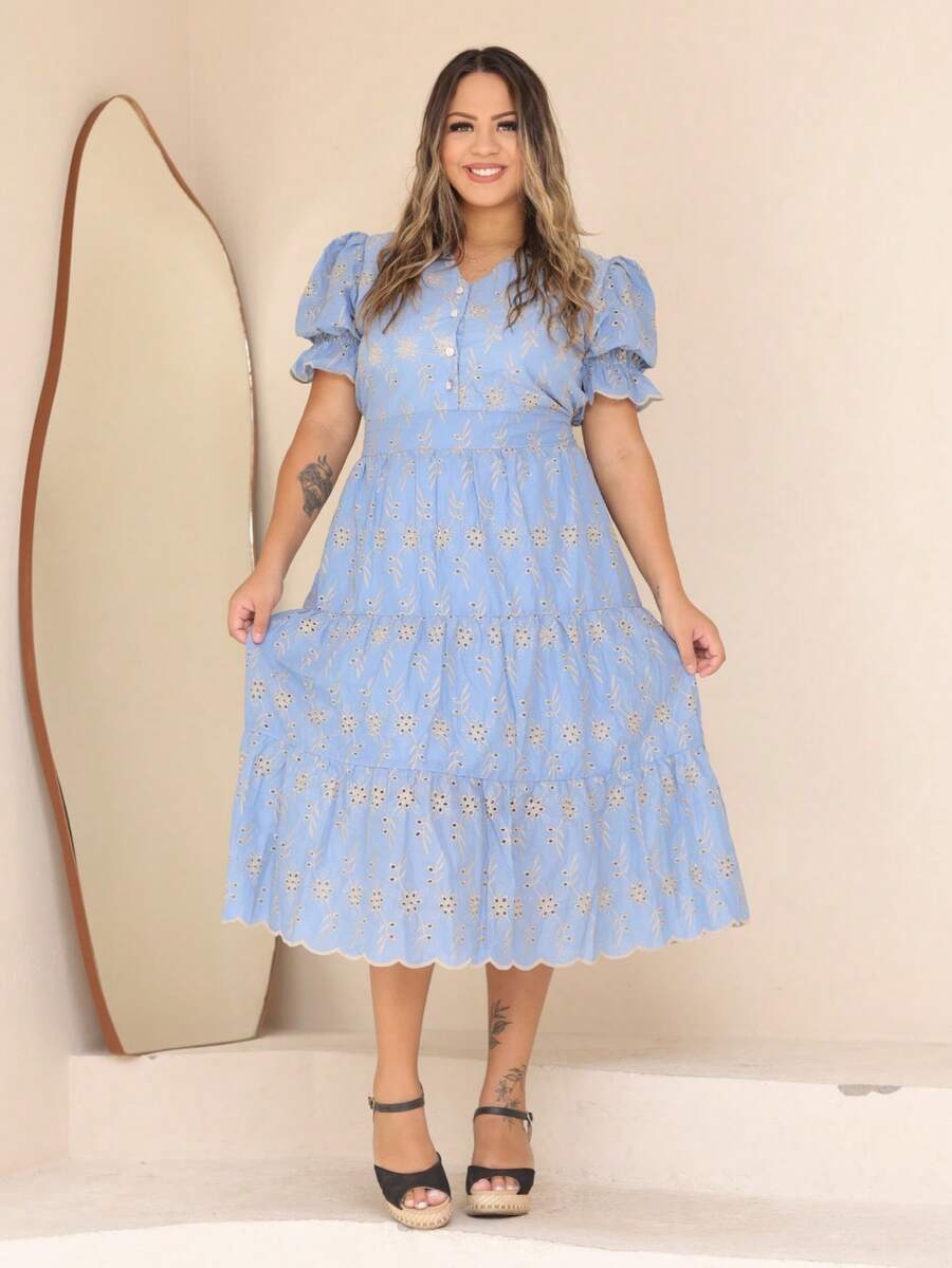 Women's Fashion Midi Dress In 3D Laise Fabric And Smooth With Elastex On The Back And Button On The Front And Lining - 雙色藍 - 查看 1