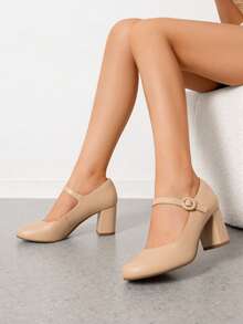 Women's Mary Janes Chunky Heel Pumps Round Toe Solid Color Comfortable Party Wedding Dress Shoes - 杏色 - 查看 3