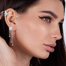 Butterfly Earrings For Women Butterfly Tassel  Earrings Rhinestones Dangle Drop Earrings Butterfly Jewelry Birthday Gifts For Women Wedding Accessories For Brides Bridesmaides - B:1pc Silver Right Butterfly Ear Cuff Earrings - View 6