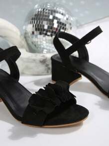 1 Pair Round Toe Floral Suede High Heel Sandals For Teenage Girls, 5cm Heel Height, Comfortable PU Non-Slip Wear-Resistant, Cute Princess Style Suitable For School, Party, Holiday, Spring/Summer