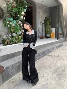 全新弹力拼色拼接 Polo 领黑色二合一女式秋季汗衫，秋季服装