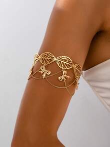 1pc Fashion Chain Tassel Hollow Leaf Shaped Cuff Bracelet With Butterfly/Teardrop Faux Pearl Pendant (No Gift Box), Butterfly Direction Random