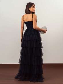 LONG WEDDING PARTY DRESS  BRIDESMAIDS CLASSIC TULLE WITH SHINE - NAVY BLUE - View 2