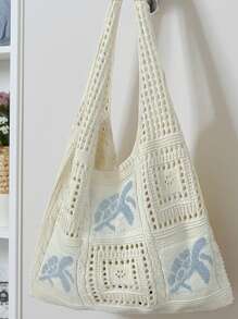 Women's Summer Beach Tote Bag - Crochet Design With Sea Turtle Pattern, Large Capacity Open-Top Tote, Beige Polyester, Suitable For Casual Outings And Coastal Vacations, Beach Tote Bag, Travel Accessory, Bohemian Fashion, Woven Texture, Spacious Tote Bag, Essential For Vacation, Ideal For Work, Back To School