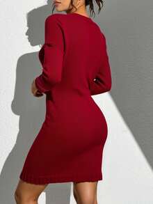 Vestido de punto  Liso  Rombos    Casual  Elegante    Tejido similar a la lana    Trenzado  Canalé    Noche de fiesta  Casa  Oficina  Tener una cita    otoño/invierno - Rojo - Ver 2