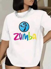 Camiseta de algodón con estampado de "Zumba Vibes" casual de moda para mujer - Blanco - Ver 1
