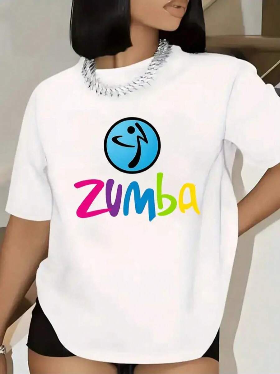 Camiseta de algodón con estampado de "Zumba Vibes" casual de moda para mujer - Blanco - Ver 1