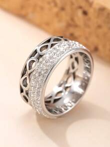 1pc Fashionable Stainless Steel Hollow Great Wall & Clover Rhinestone Decor Ring, Suitable For Men And Women Daily Wear - Ring - View 7