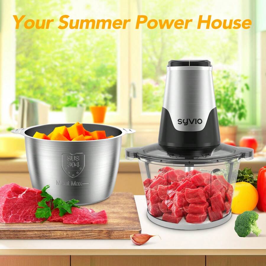 Syvio Food Processors With 2 Bowls, Meat Grinder 4 Bi-Level Blades, Mini Electric Food Chopper 304 Stainless Steel - Xem 1