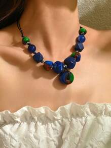 1 件波西米亚复古木质八角形串珠手工吊坠项链，夸张短款颈链，适合女士 - 藍色 - 查看 2