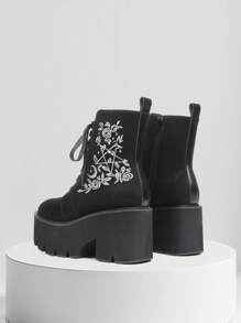 Womens Gothic Platform Ankle Boots Round Toe Embroider Chunky Heels Zipper Lace Up Punk Boot Party Work Dress Shoes Halloween Gift Concert Outing Casual Outdoor Fall Winter Black Booties