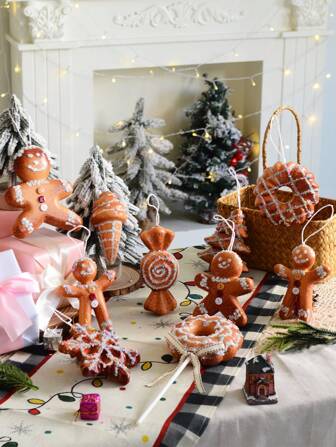1 pieza/4 piezas/6 piezas Decoración de árbol de Navidad, galleta de jengibre, nieve, helado, árbol de pino, estilo rural marrón, colgante de galleta de jengibre de Navidad, artesanía de invierno, decoración del hogar para fiestas, decoración interior, decoración navideña, decoración de habitación