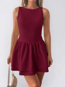 Women's Solid Color Bodycon Backless Christmas Dress - Burgundy - View 5