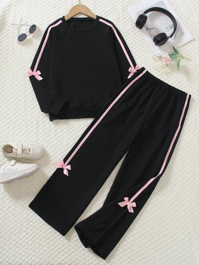 Girls Casual Sweatshirt & Pants Set, Fashion Bow Decor Round Neck Raglan Sleeve Long Sleeve Top & Loose Wide Leg Pants, 2025 New Autumn Collection