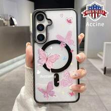 Phone Compatible With Samsung Galaxy S25 Ultra S24 Plus S23 FE S22 Pink Butterfly Reverie Phone Case Pattern Anti-Scratch Shockproof Pocket-Friendly Durable Magnetic Case With Charging Cellphone Cover Gift - 黑色 - 查看 2