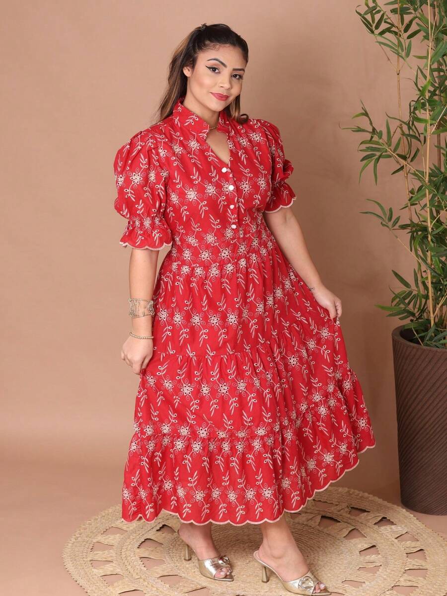 Women's Fashion Midi Dress In 3D Laise Fabric And Smooth With Elastex On The Back And Button On The Front And Lining - 雙色紅 - 查看 1