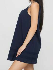 Vestido mini suelto informal de verano para mujer, con encaje y retazos, cuello cuadrado, sin mangas, para fiesta, playa, club, ropa de calle - Azul Marino - Ver 6