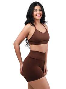 Work Fitness Kit 2 Set Bare Back Top With Cross Straps And Bermuda Shorts Basic Premium - White and Dark Brown - View 6