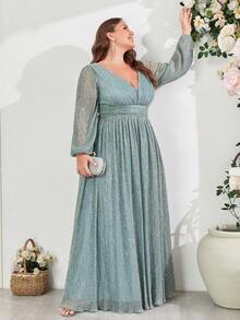 Vestido formal de manga larga con mangas farol y aplicaciones de lentejuelas para mujer de talla grande, elegante para baile de graduación, cena y boda