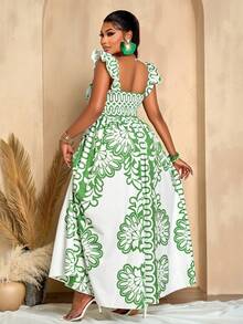 夏季大码女装日常休闲度假出游优雅性感约会无袖黑木耳边荷叶袖裹身热带印花长裙