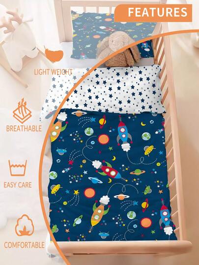 1/2PCS Deep Blue Rocket Baby 100% Polyester Fabric Duvet Cover Set ,3D Two Sided Printing Anime Cartoon Children'S Bedding Set For Boys And Girls (1 Duvet Cover +1Pillowcase, Not Filling) Summer Thin Edition Suitable For Giving Gifts