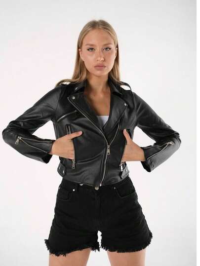 Women's Zipper Leather Jacket, Solid Color Casual Party Jacket With Zipper, Buttons And Pockets