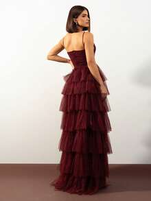 LONG WEDDING PARTY DRESS  BRIDESMAIDS CLASSIC TULLE WITH SHINE - MARSALA - View 2