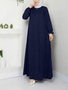 Robe longa elegante de cor sólida, estilo turco Dubai, estilo do Oriente Médio, para mulheres, com zíper, evasê, manga longa confortável, abaya