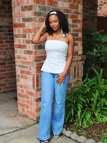 Steph T 纯色开叉下摆抹胸，女士休闲开叉露肩修身白色纯色女式上衣，春夏，休闲日常穿着