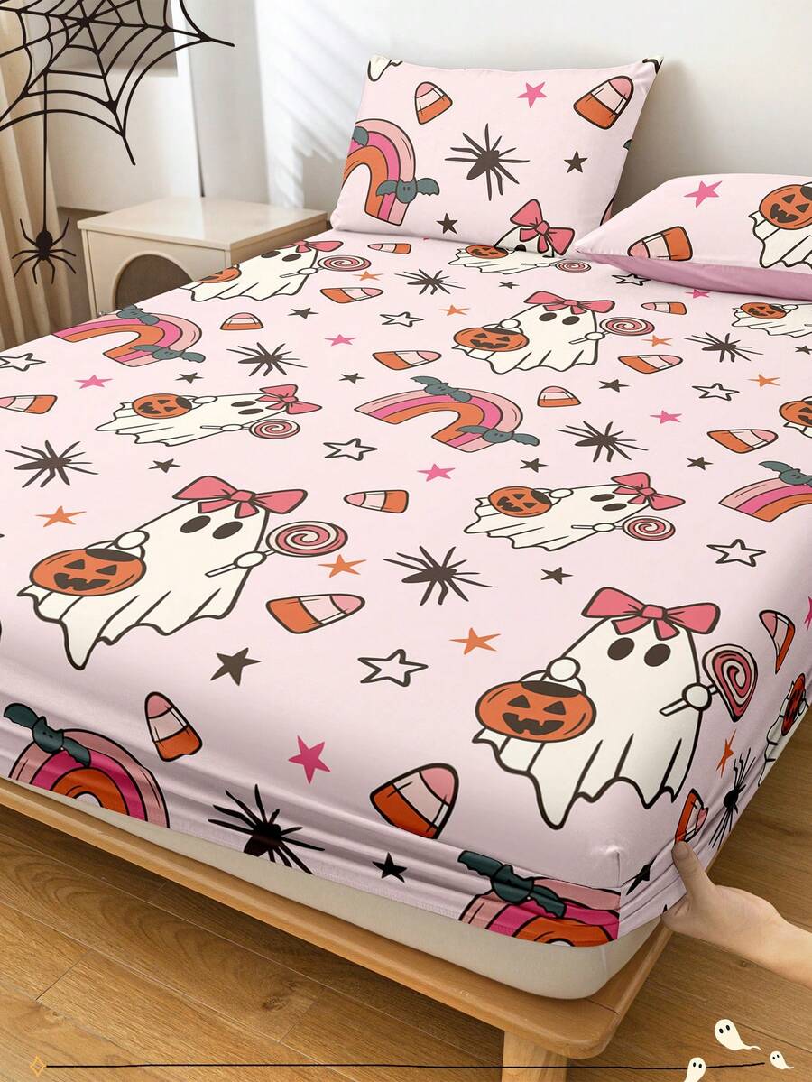 Sábana ajustada con tema de Halloween, protector de colchón con tema de Halloween, funda de cama, cómoda y transpirable, anti-pelusas, patrón de dibujos animados, decoración de habitación, a prueba de polvo y antideslizante, adecuado para todos los tamaños de cama - individual, doble, queen, king, adecuado para todas las estaciones, no incluye almohada y funda de almohada, lavable a máquina, regalo festivo, decoración de otoño, decoración de habitación - Multicolor - Ver 1