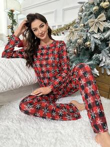 2pcs Women's Long Sleeve & Pants Cute Christmas Cartoon Pattern Pajama Set, Autumn/Spring, Fall Clothes