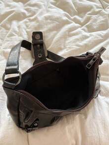 破旧的 Y2K 朋克摩托车包，荒原风格复古腋下包，新款高品质多功能手提包/单肩包 - 咖啡棕 - 查看 7