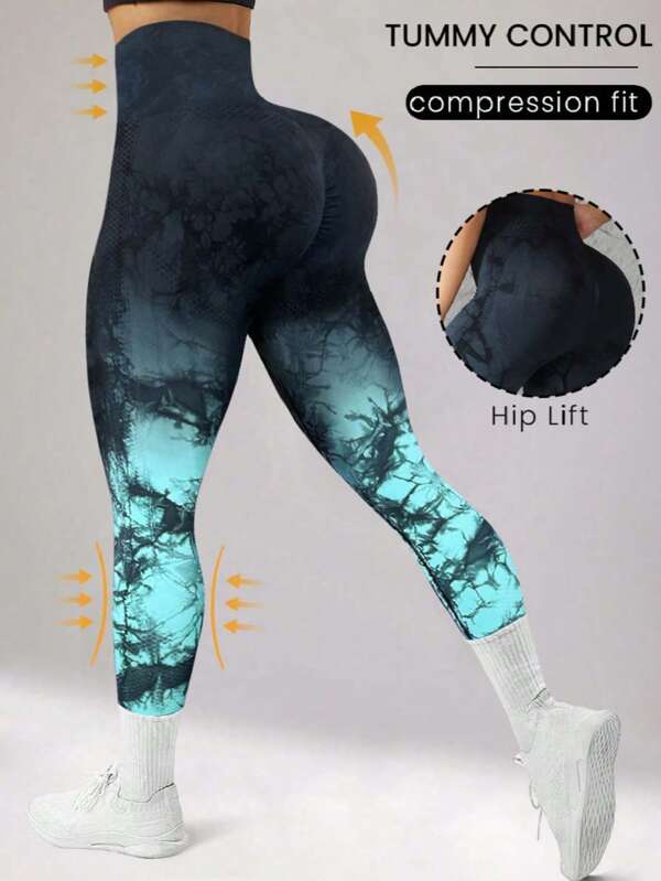 1pc Women's Spring/Summer New Tie Dye Tie-Dye Sports Yoga Tights, Slimming & High Waisted