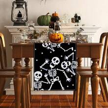 1/25pcs Halloween Themed Skull Black Table Runner, Kitchen Dining Table Decor, Fun Holiday Indoor Outdoor Home Decoration Party Supplies, Halloween Party Favors, Holiday Gifts, Room Decor, Tabletop Decor