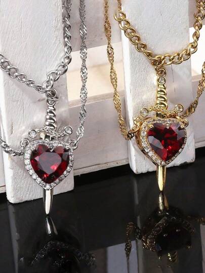 2pcs/Set "Charge For Love" Heart And Sword Warrior Couple Necklace, Stainless Steel Heart Necklace For Men, Waterproof & Fade-Resistant, Suitable For Daily Wear, Party & Gathering