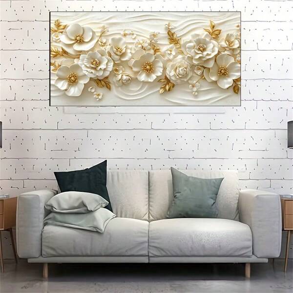 1 Pc Unframed Posters Wall Arts White And Gold Floral Molding Decorative Wall Arts, Print Flower Posters, Modern Home, Living Room, Bedroom Decor