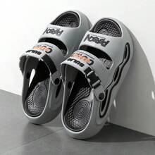 Men's Sports Style English Letter Contrast Color Random Print Thick Sole Slip-On Open Toe Sandals, Outdoor Beach Thick Sole Slippers, Outdoor Activities Men's Fashion Comfortable Sports Sandals, Summer Outdoor Beach Walking Sports Sandals Suitable For Men And Women Couples - Grey - View 7