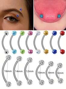 1/6pcs Shiny Crystal Ball Eyebrow Ring, Tongue Ring, Earring, Lip Ring 16G Stainless Steel 6mm 8mm 10mm 12mm 14mm 16mm Body Piercing Jewelry, Suitable For Daily Wear - Coated Drill Ball - View 1