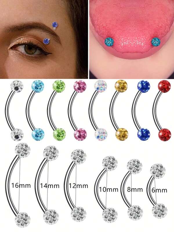 1/6pcs Shiny Crystal Ball Eyebrow Ring, Tongue Ring, Earring, Lip Ring 16G Stainless Steel 6mm 8mm 10mm 12mm 14mm 16mm Body Piercing Jewelry, Suitable For Daily Wear