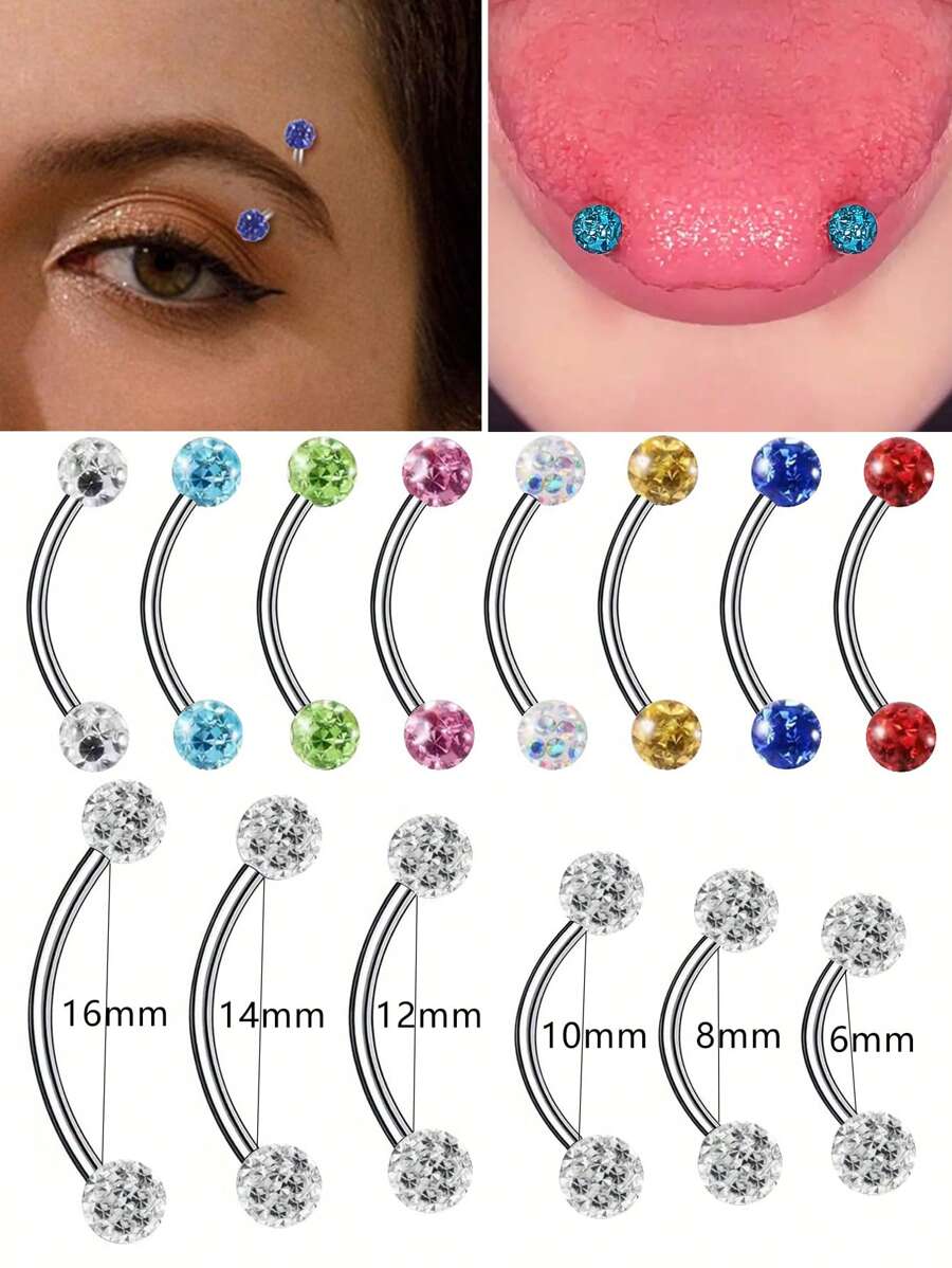 1/6pcs Shiny Crystal Ball Eyebrow Ring, Tongue Ring, Earring, Lip Ring 16G Stainless Steel 6mm 8mm 10mm 12mm 14mm 16mm Body Piercing Jewelry, Suitable For Daily Wear - Coated Drill Ball - View 1
