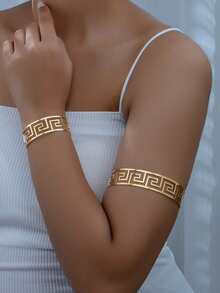 Set de 2 piezas de brazaletes y pulseras con textura geométrica de zigzag de metal dorado exagerado, adecuado para atuendos diarios, de fiesta y de vacaciones de mujeres - Amarillo Oro - Ver 1
